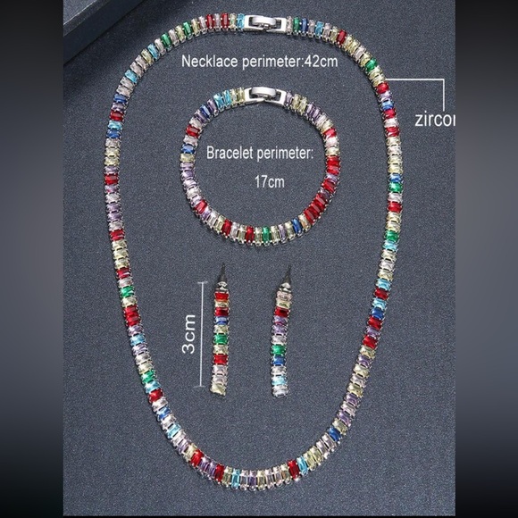 Gold Baguette Multicolor Rhinestone Choker Necklace Earrings Bracelet Set - Picture 5 of 12